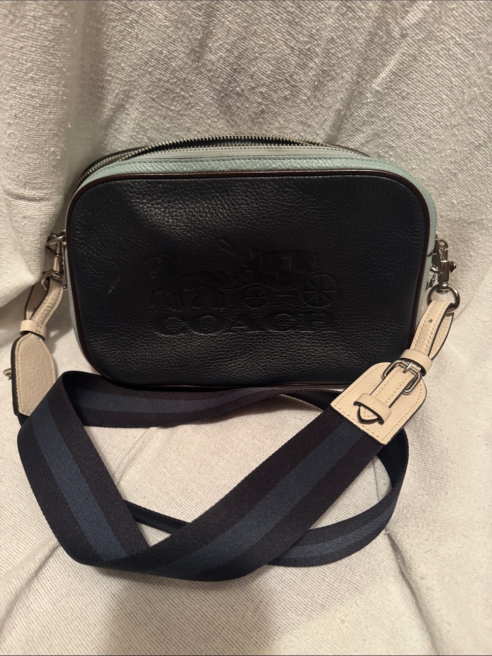 Coach Black Leather Crossbody with Cream Accents and Mint Trim